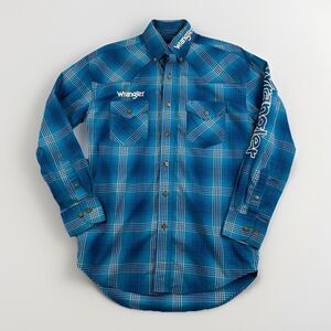 Wrangler Logo Mens Long Sleeve Button Down Plaid Shirt‎ Size Small Cowboy Rodeo